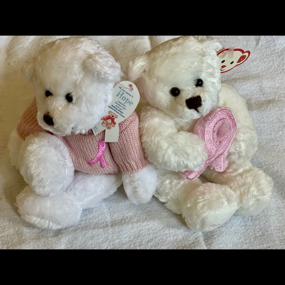 Cancer Bears, “Hope”, Beanie Baby Size. Each displays Cancer Pink Ribbon.